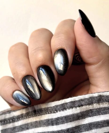 Dark Grey Cat Eye Nails with a Glossy Black Accent