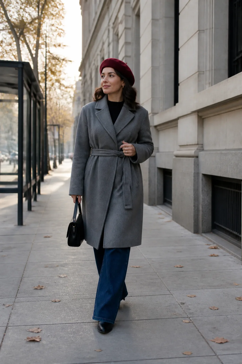 Dark Indigo Jeans with a Belted Wrap Coat