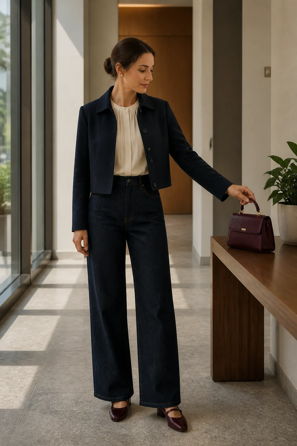 Dark Jeans with a Pleated Blouse