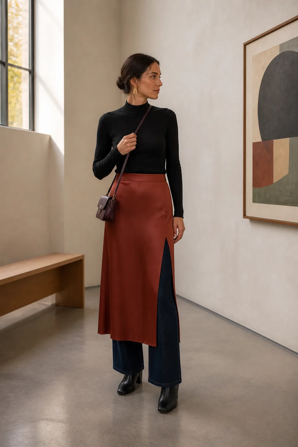 Dark Jeans with a Satin Midi Skirt Layer