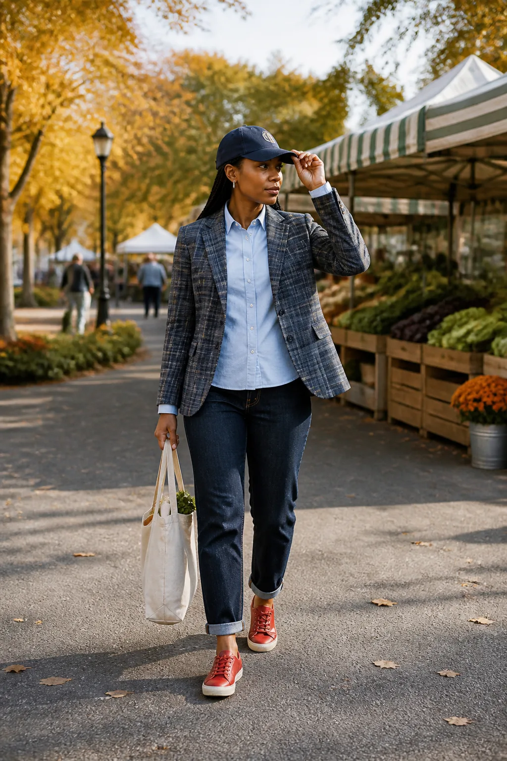 Dark-Wash Jeans, Plaid Blazer, and Red Sneakers