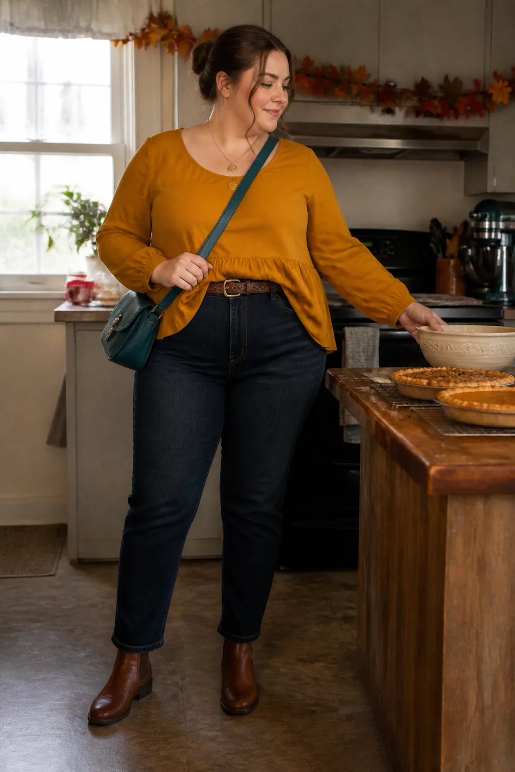 Dark-Wash Straight Jeans with Marigold Peplum Top