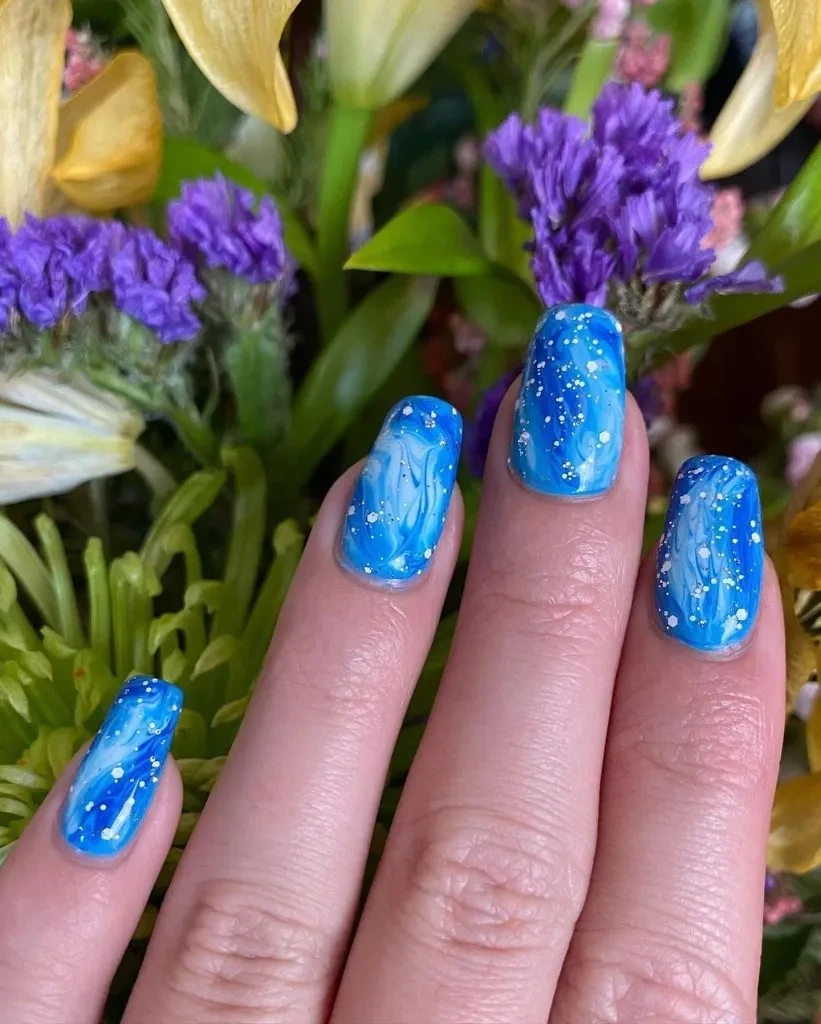 3- Deep Blue Ocean Glitter Nails