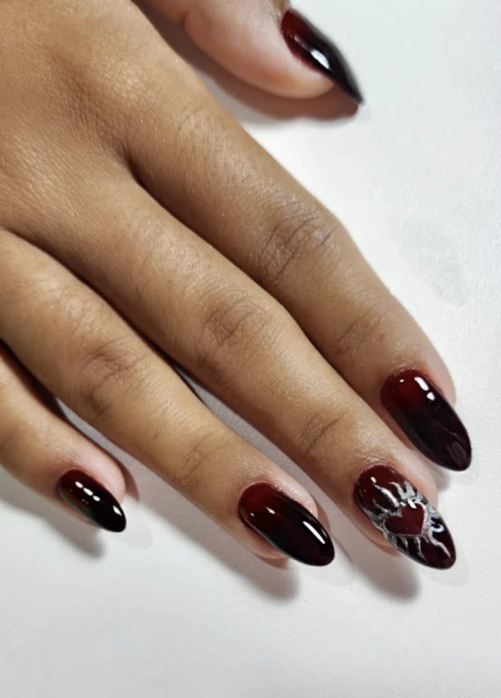 Deep Burgundy Ombre Almond Nails with Heart Detail