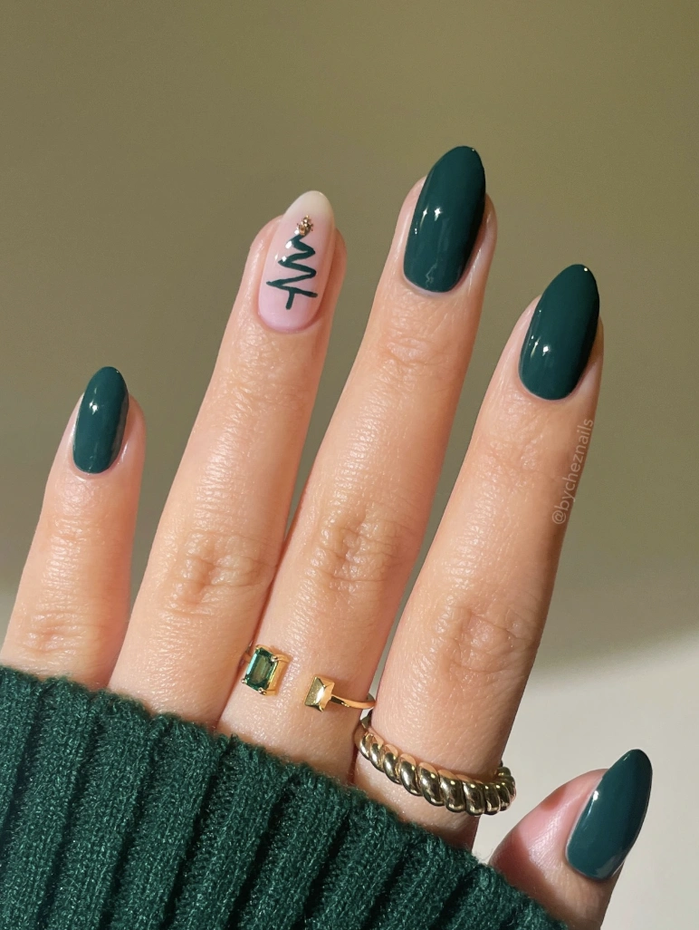 Deep Emerald Almond Nails with Christmas Tree Accent