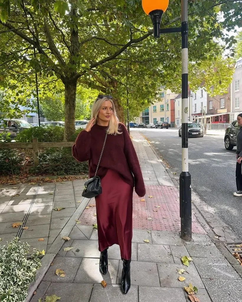 10- Deep Plum Satin Skirt with an Oversized Knit