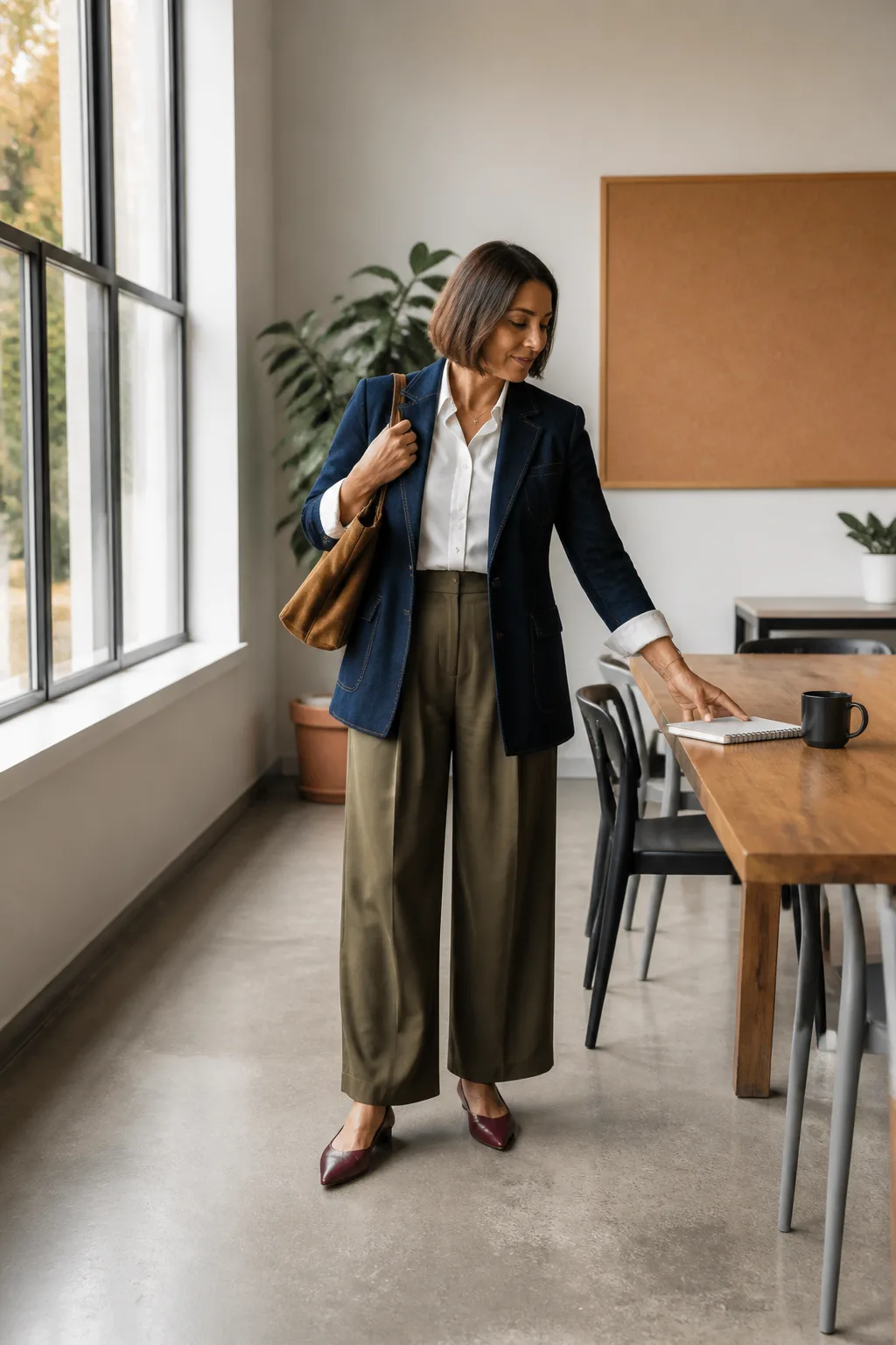 Denim Blazer, Wide-Leg Trousers, and Ballet Flats