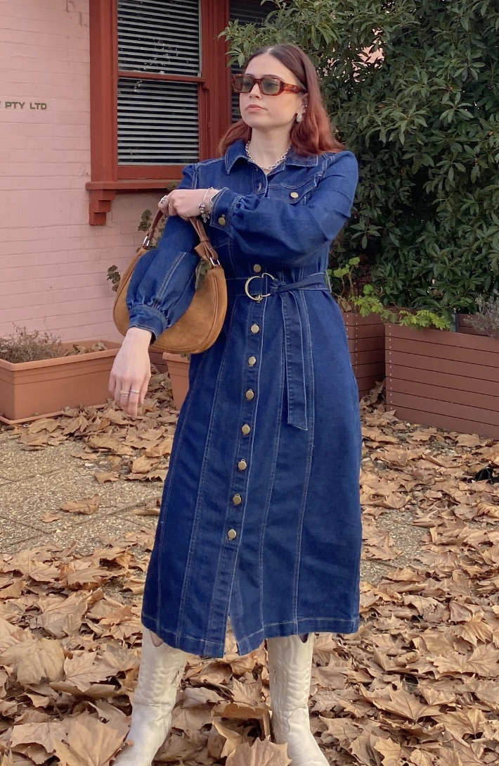 Denim Button-Up Dress + Chic Brown Handbag + White Knee-High Boots