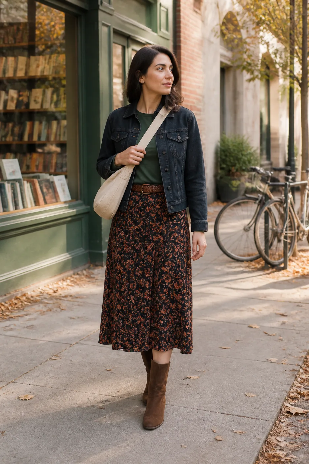 Denim Jacket, Floral Skirt and Suede Boots