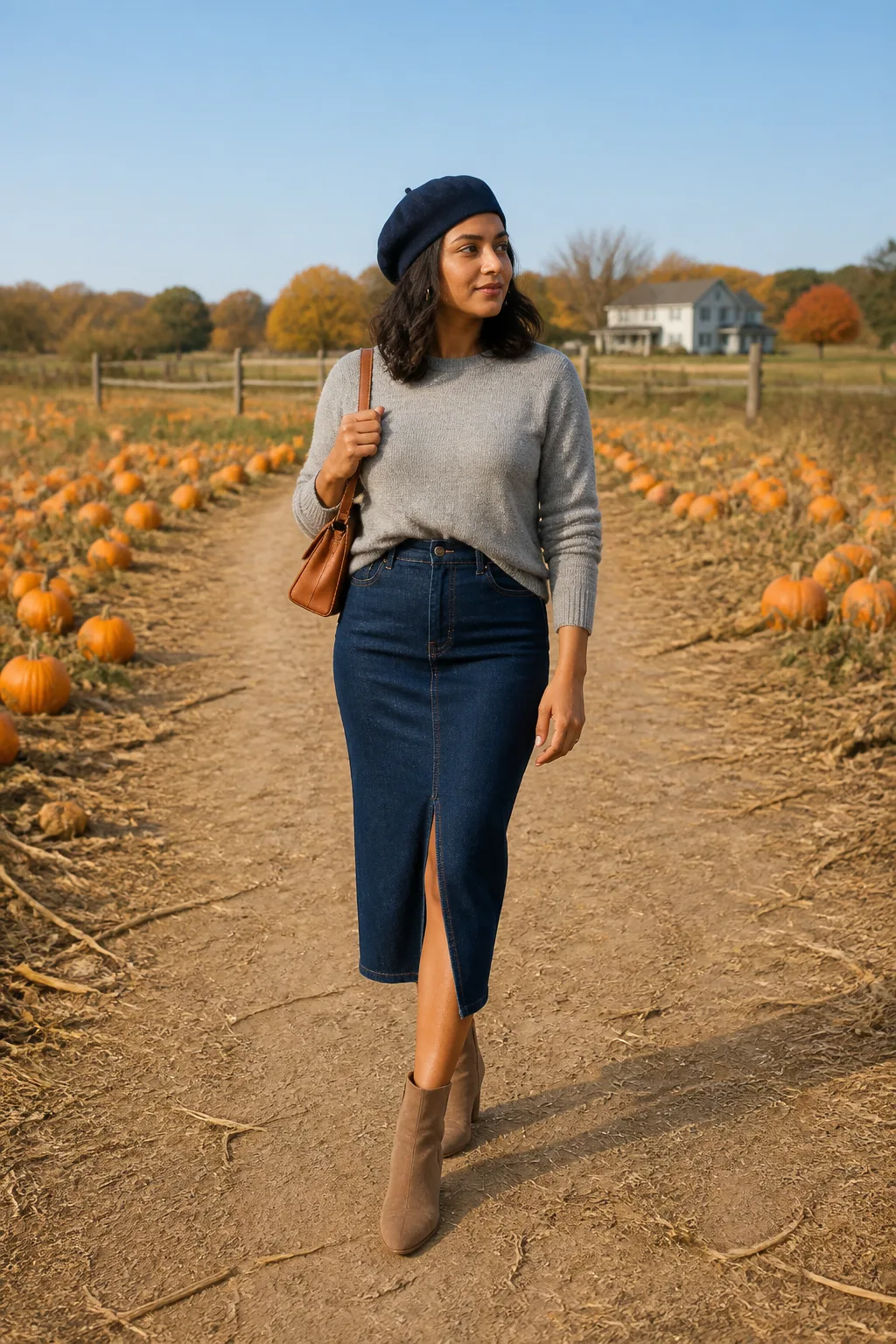 Denim Midi Skirt, Heather Sweater, and Suede Ankle Boots