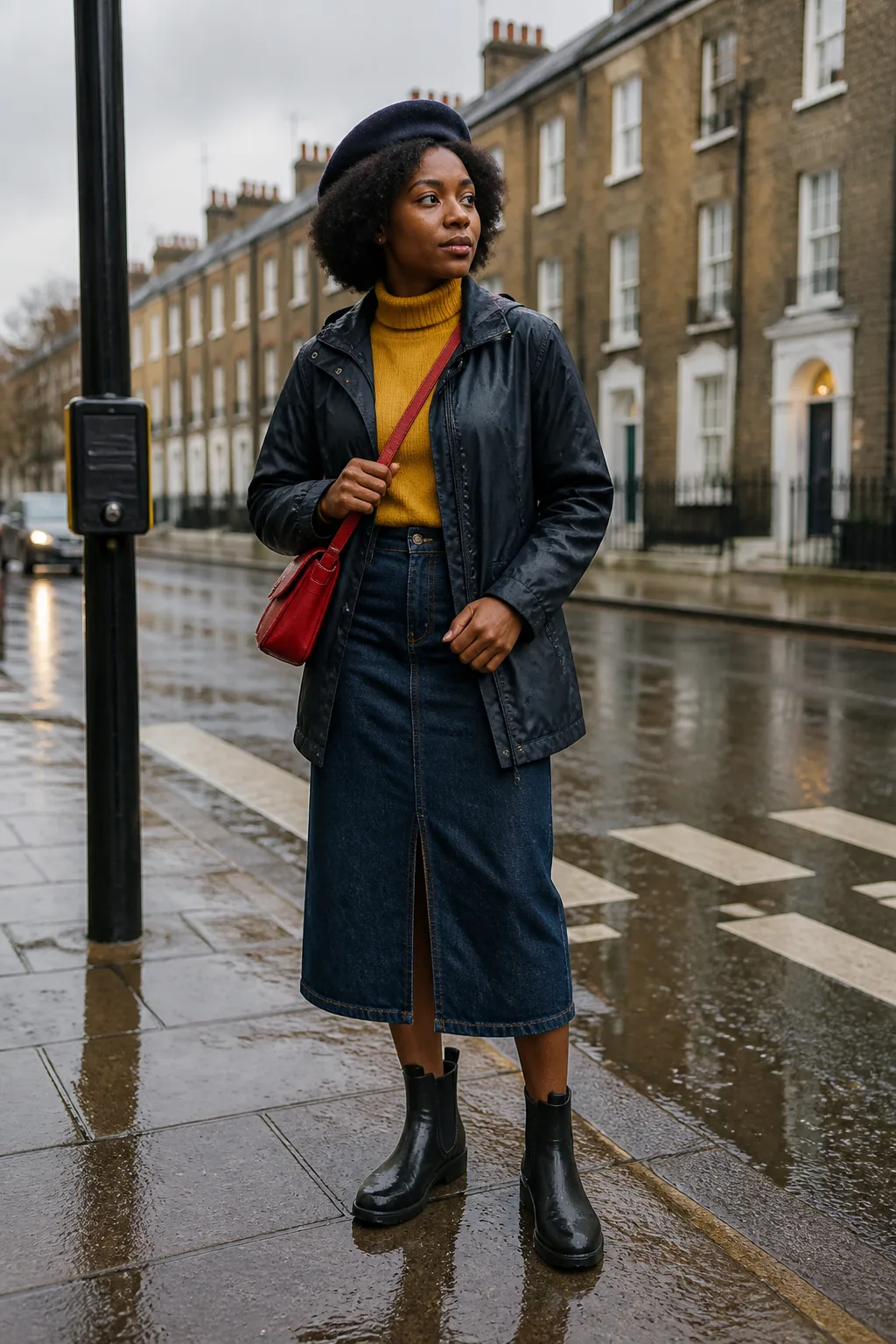 Denim Midi Skirt, Turtleneck and Rain Boots