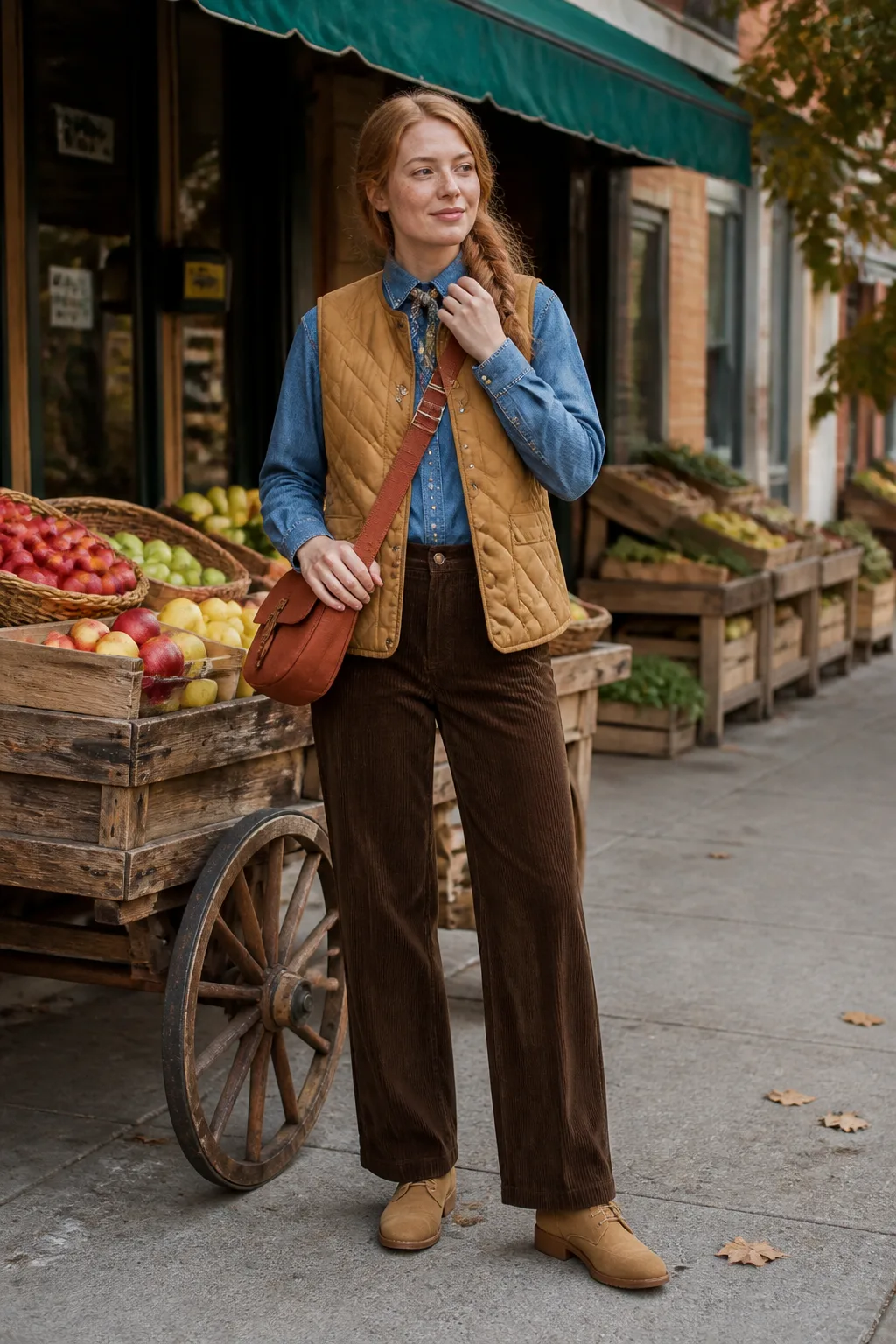 Denim Shirt, Camel Vest and Corduroy Trousers