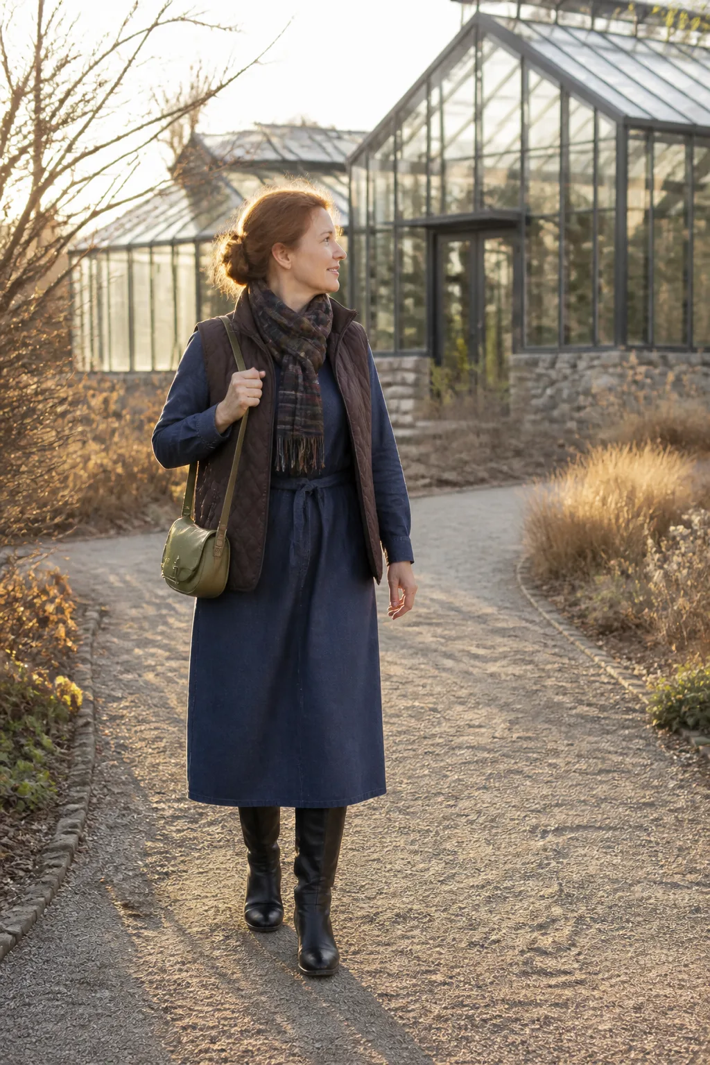 Denim Shirt Dress, Quilted Vest, and Riding Boots