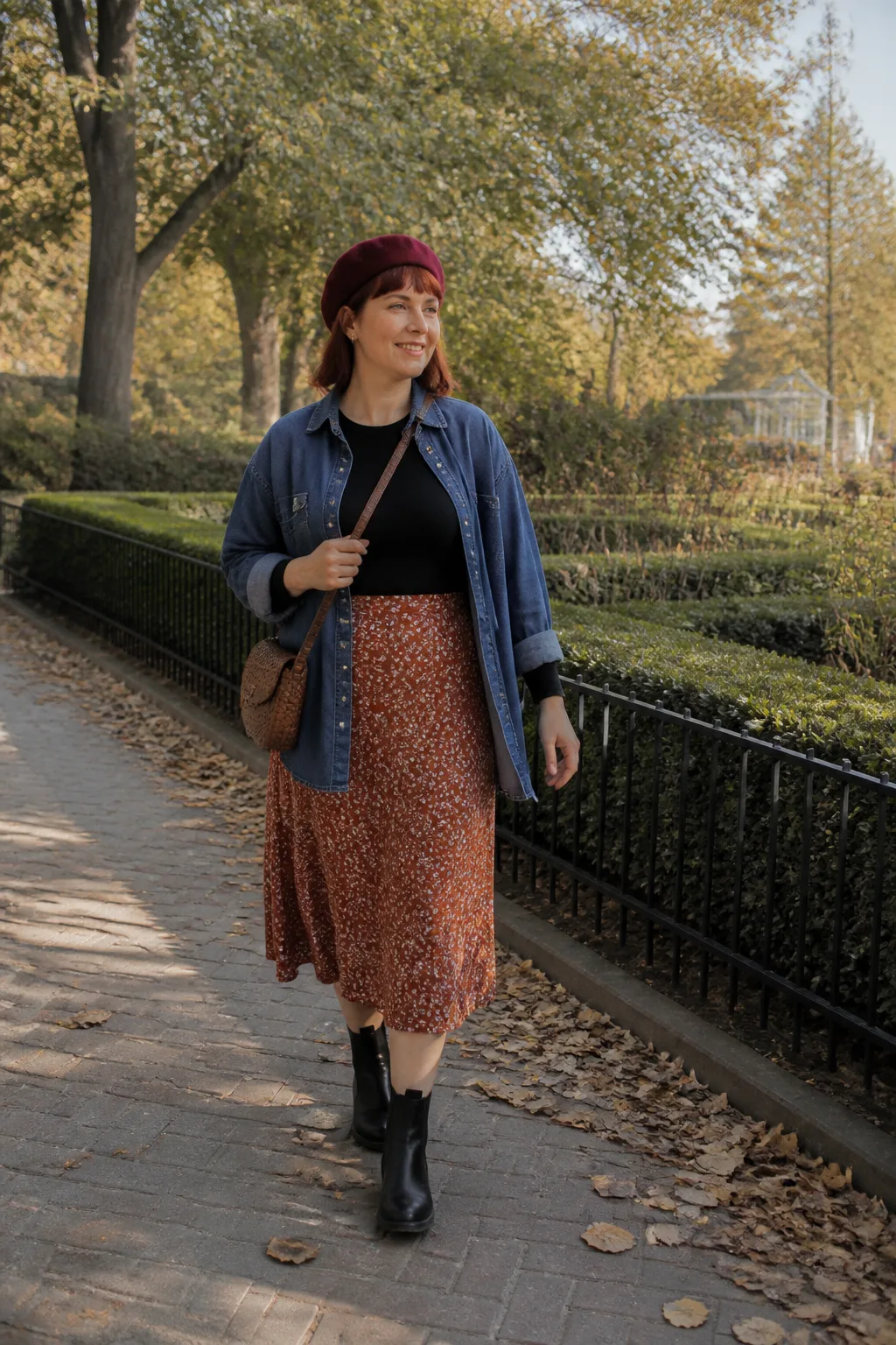 Denim Shirt Jacket, Floral Midi Skirt, and Chelsea Boots