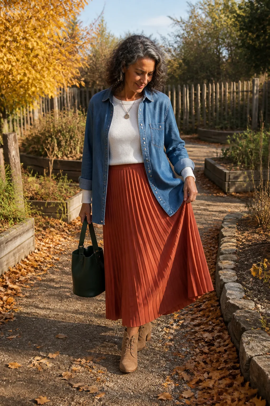 Denim Shirt Jacket with Terracotta Maxi Skirt