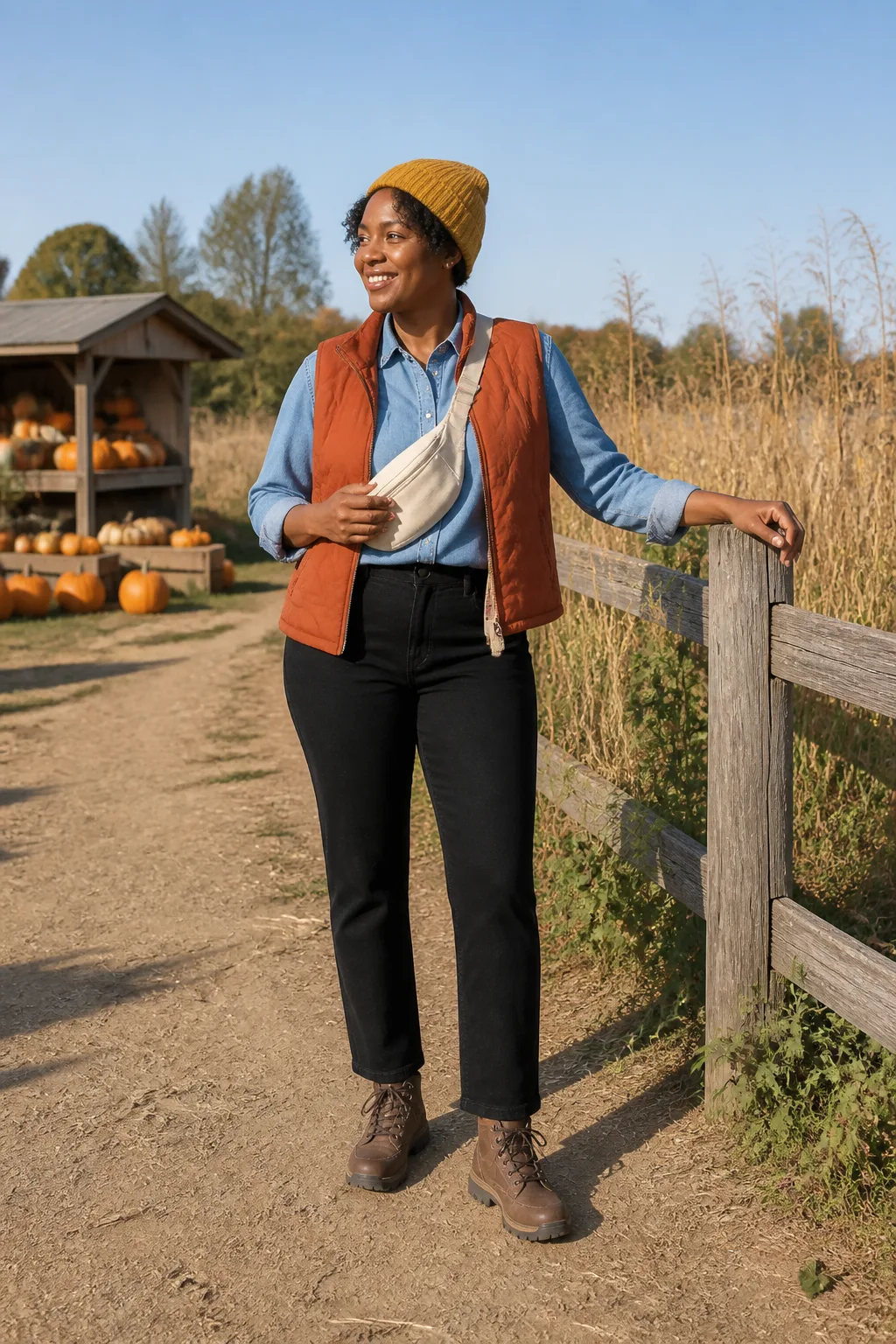 Denim Shirt, Rust Vest, and Black Straight-Leg Pants