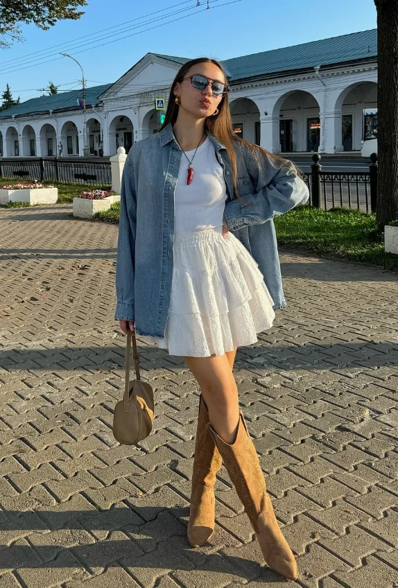 Denim Shirt + White Tank + White Dress + Brown Boots