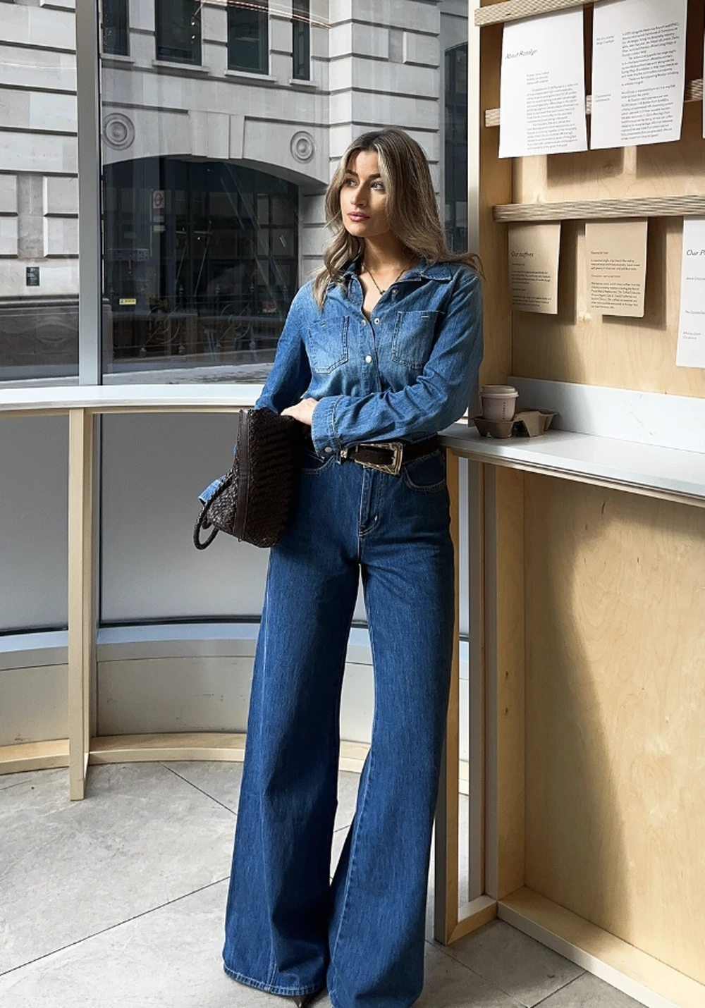 Denim Shirt + Wide-Leg Jeans + Black Belt