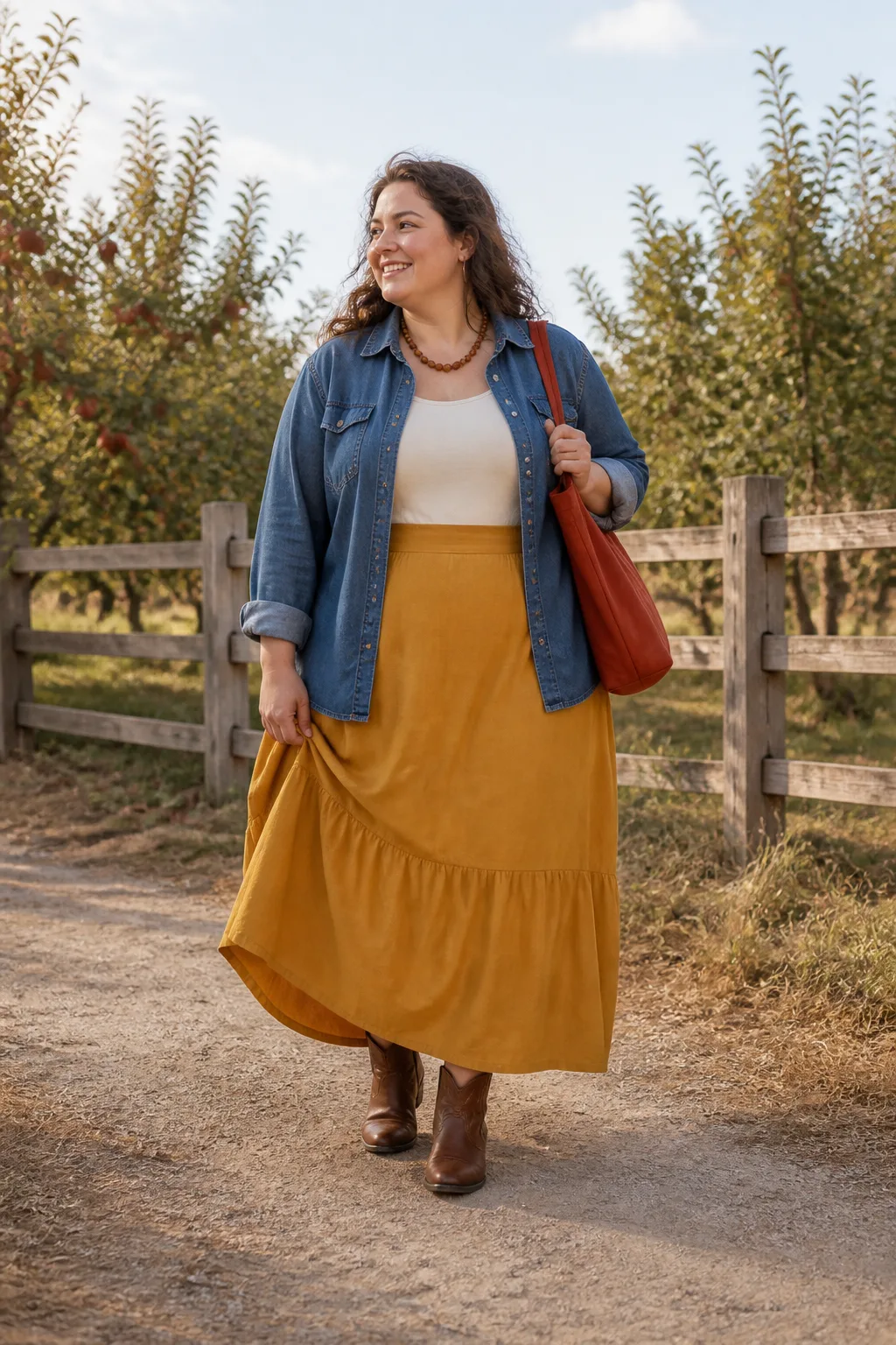 Denim Shirt with Mustard Maxi Skirt