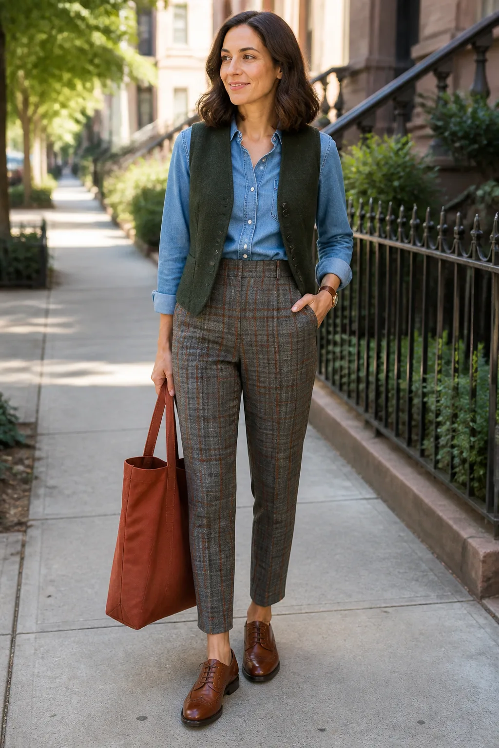 Denim Shirt with Plaid Trousers