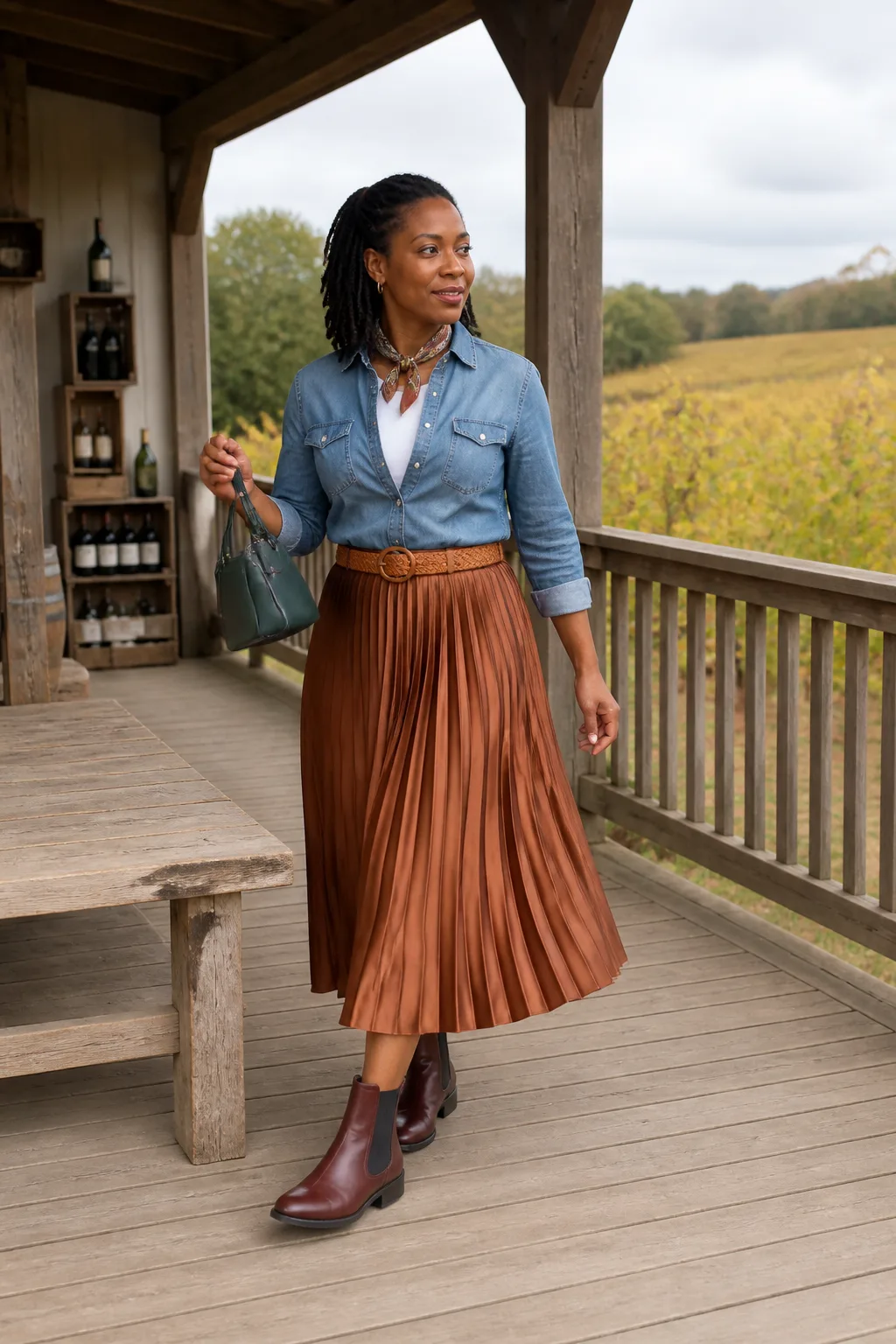 Denim Shirt with Pleated Midi Skirt