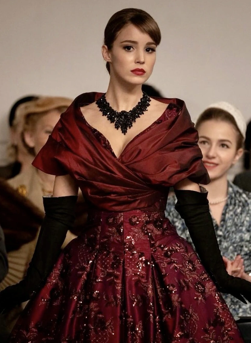 Dramatic Ruby Gown with Embroidered Details and Black Accents