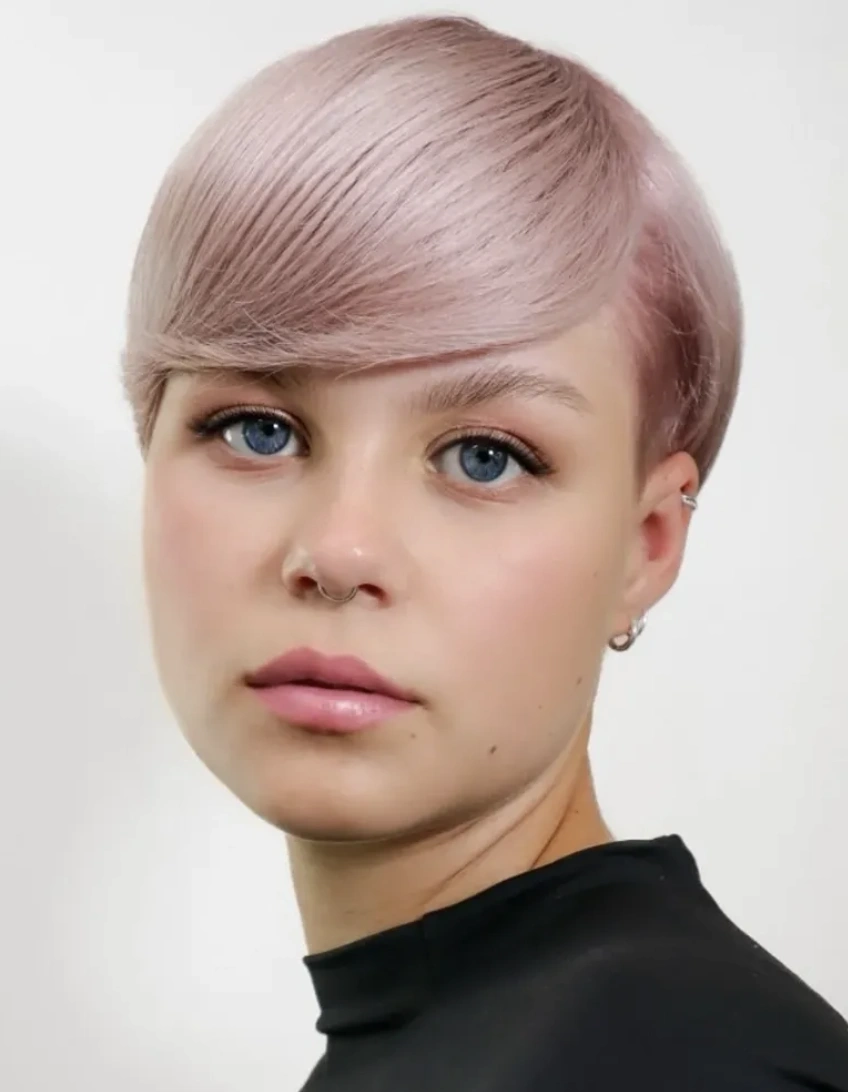 Dusty Rose Layered Pixie with Side-Swept Bangs