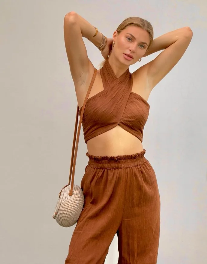 Earthy Elegance: Brown Halter Top + High-Waisted Pants