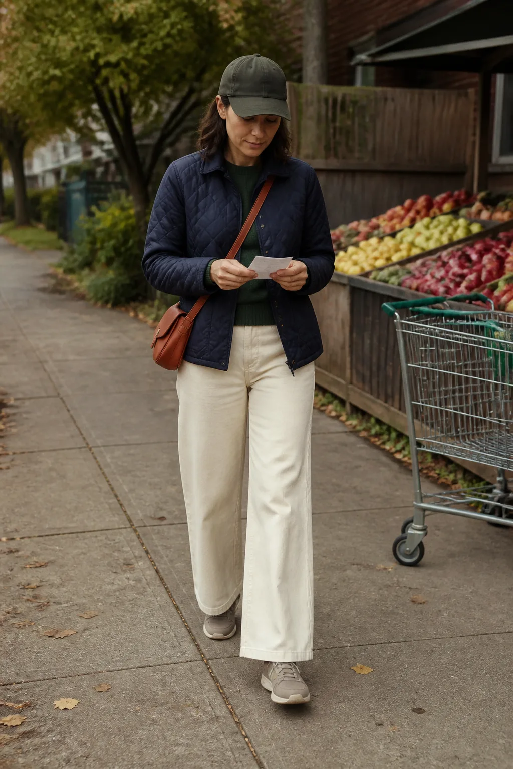 Ecru Jeans with a Quilted Jacket