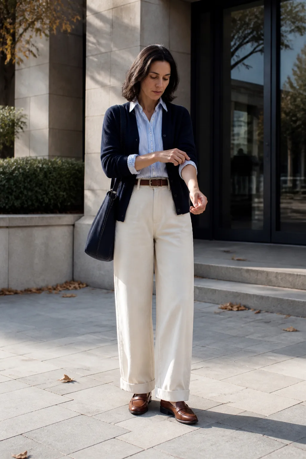 Ecru Jeans with a Striped Oxford Shirt