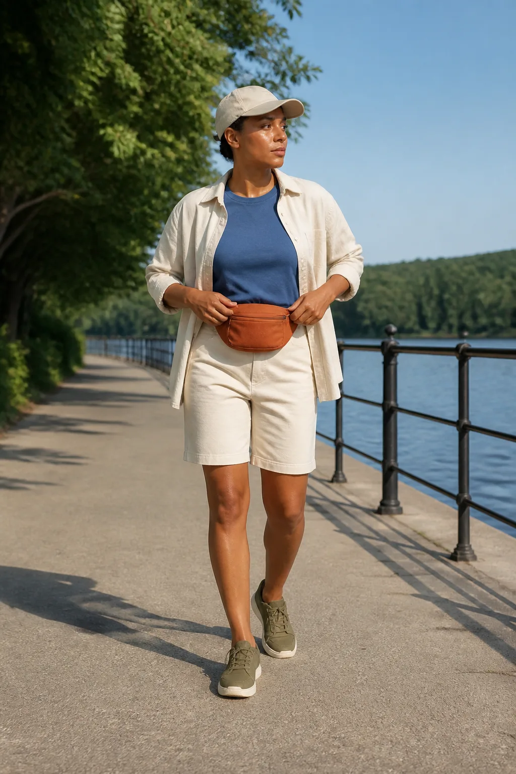 Ecru Utility Shirt with Blue Cotton Shorts