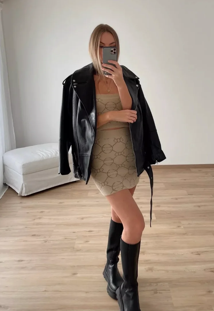 Edgy Glam: Leather Jacket + Printed Mini Dress