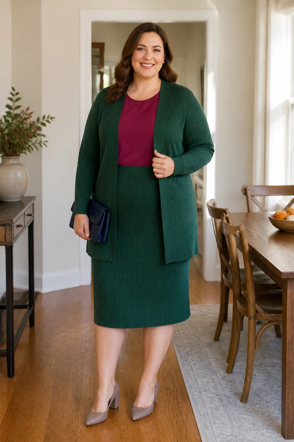 Emerald Knit Skirt Suit with Berry Blouse
