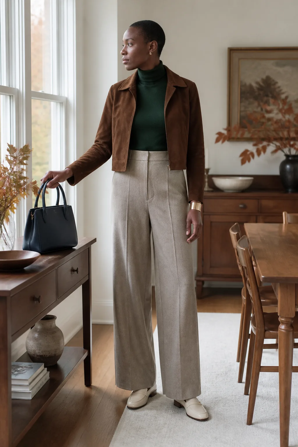 Emerald Turtleneck with Stone Wide-Leg Pants