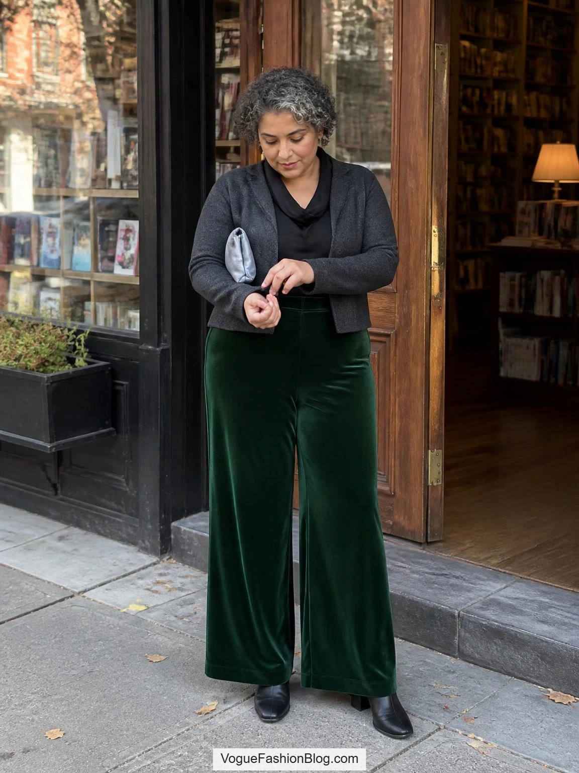 Plus-size fall outfits feature emerald velvet trousers, a draped black blouse, cropped wool jacket, boots, and clutch outside a bookstore