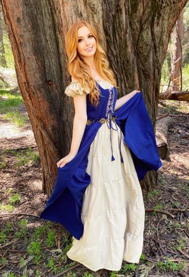 Enchanting Blue Medieval Dress with Elegant Sleeves and Flowing Skirt