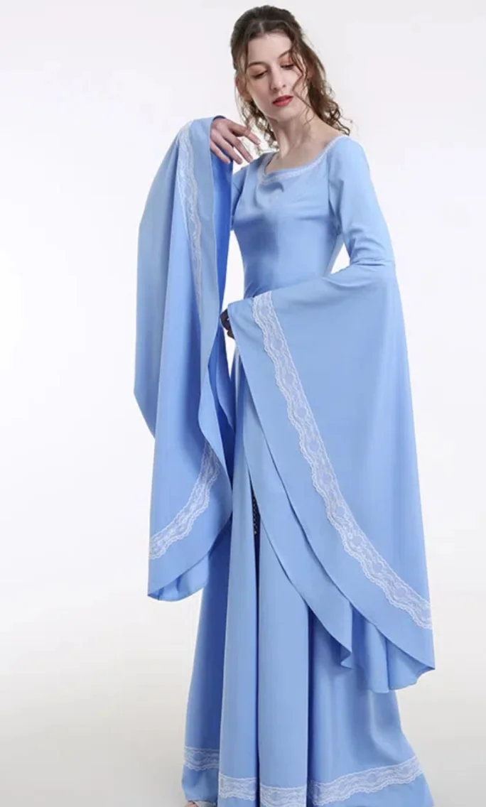 Ethereal Grace: Flowing Blue Medieval Gown Bell Sleeves