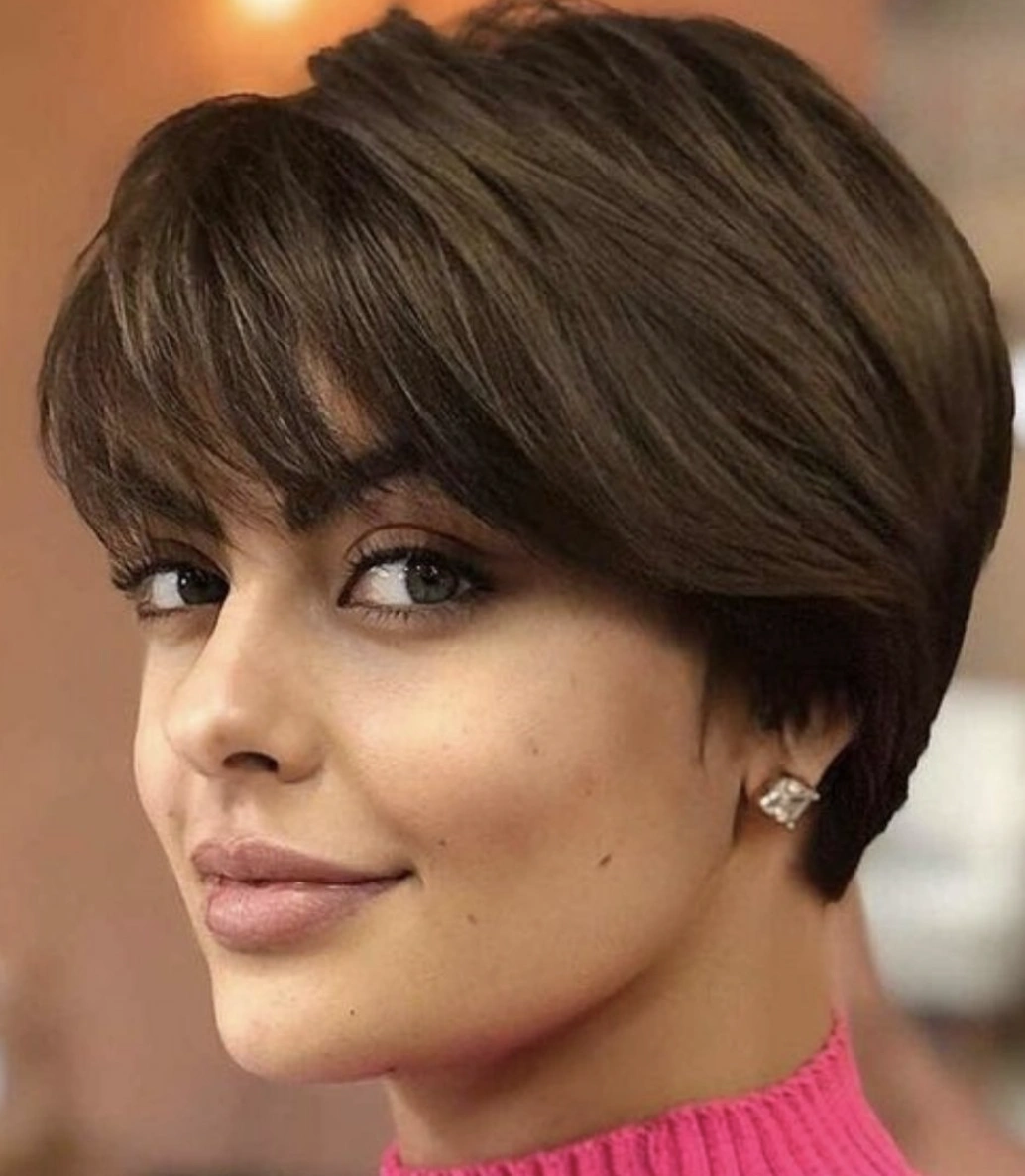 Face-Framing Brown Pixie Bob with Angled Bangs