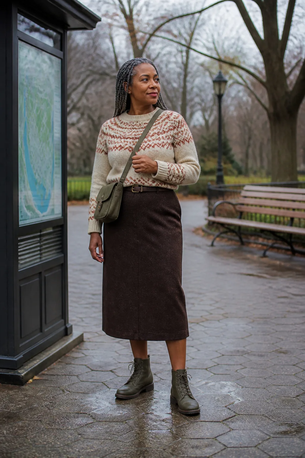 Fair Isle Sweater, Midi Skirt, and Hiking-Inspired Boots