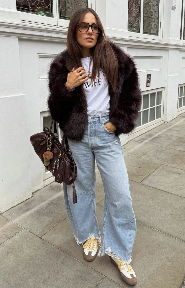 Faux Fur Jacket + Graphic Tee + Wide Leg Jeans + Sneakers