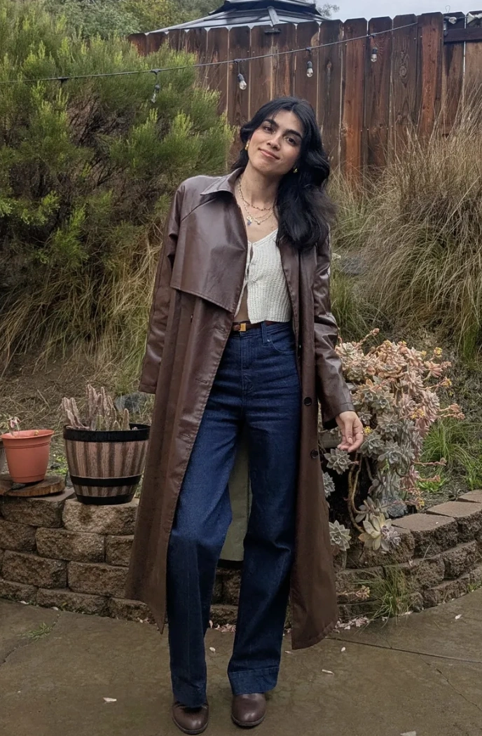 Faux Leather Trench Coat + Knit Cardigan + Wide Leg Jeans