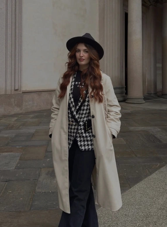 Fedora + Trench Coat + Houndstooth Vest + Black Trousers
