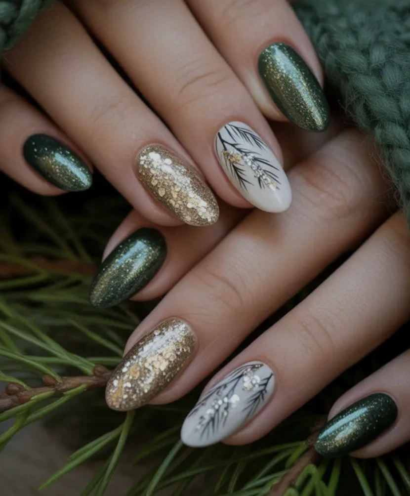 Festive Forest Green & Gold Holiday Nails