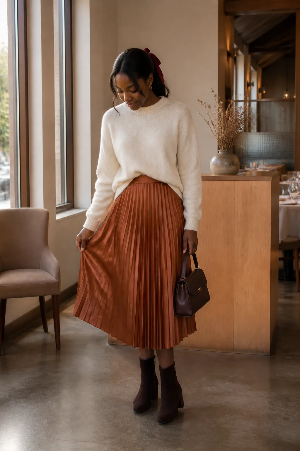 Fine-Knit Sweater with Pleated Midi Skirt
