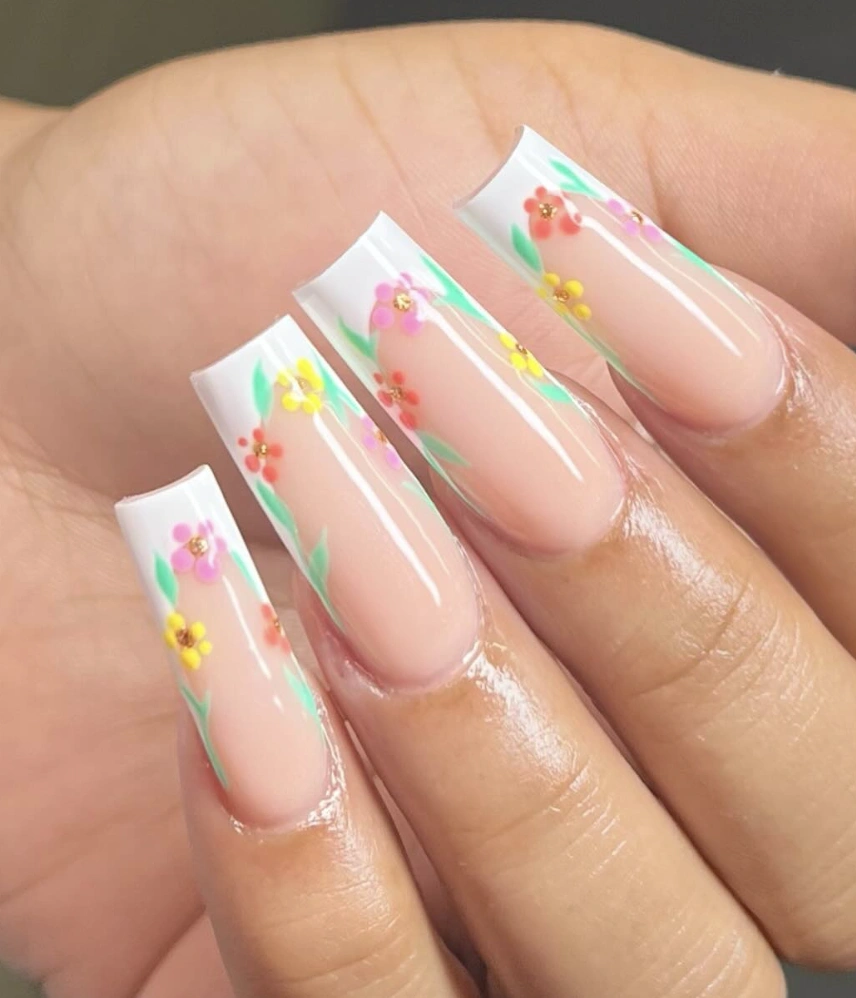 Floral Accent Square French Tip Nails