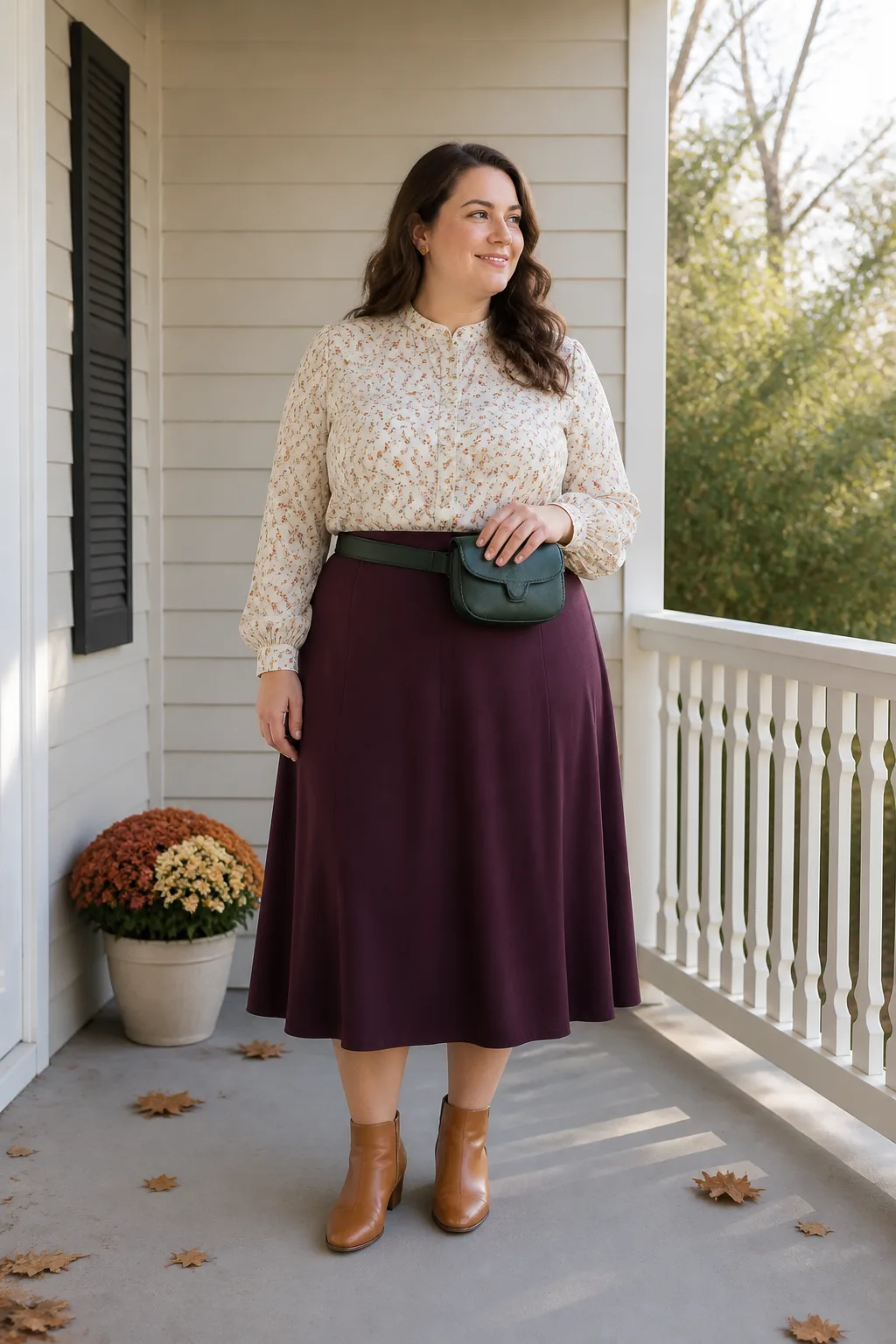 Floral Blouse with Plum Midi Skirt