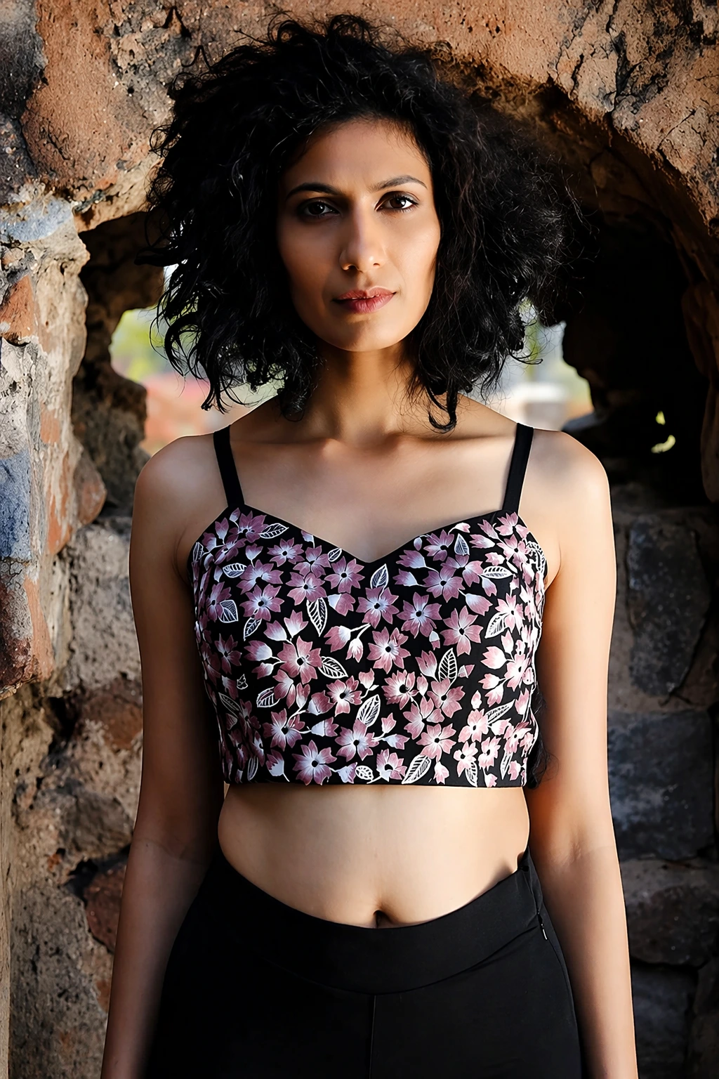Floral Cropped Cami Top + High-Waisted Black Pants + Strappy Heels