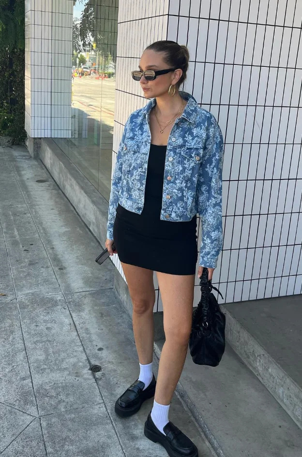 Floral Denim Jacket & Black Mini Dress