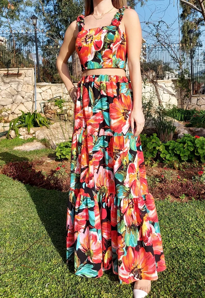 Floral Fantasy: Tiered Maxi Skirt + Crop Top