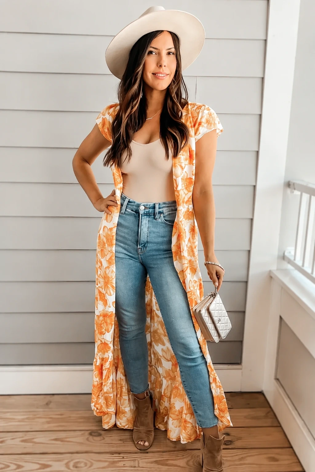 7- Floral Maxi Cardigan with Jeans and Tan Boots